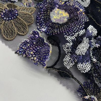Dark Color Sequins Embroidery Fabric 100% Polyester Unique For Sequin Dresses
