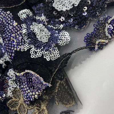 Dark Color Sequins Embroidery Fabric 100% Polyester Unique For Sequin Dresses